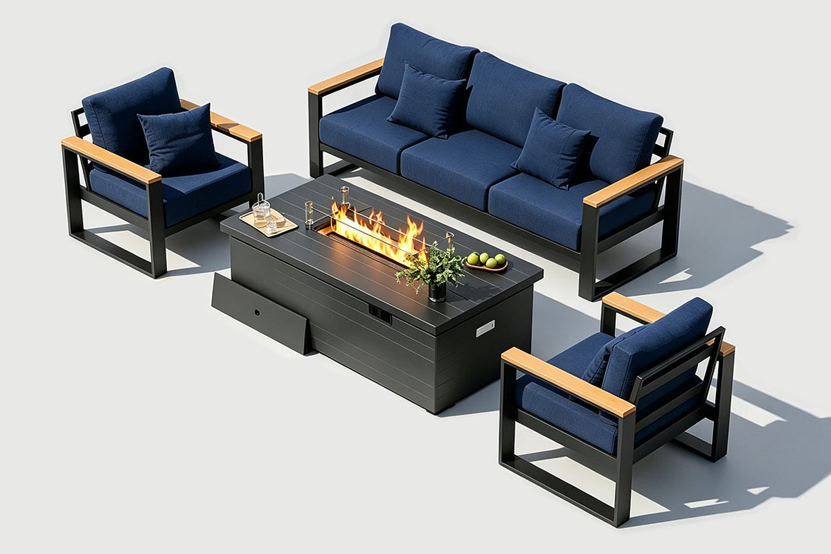 Outdoor furniture set with blue cushions and a fire pit table on a white background.#color_deep navy
