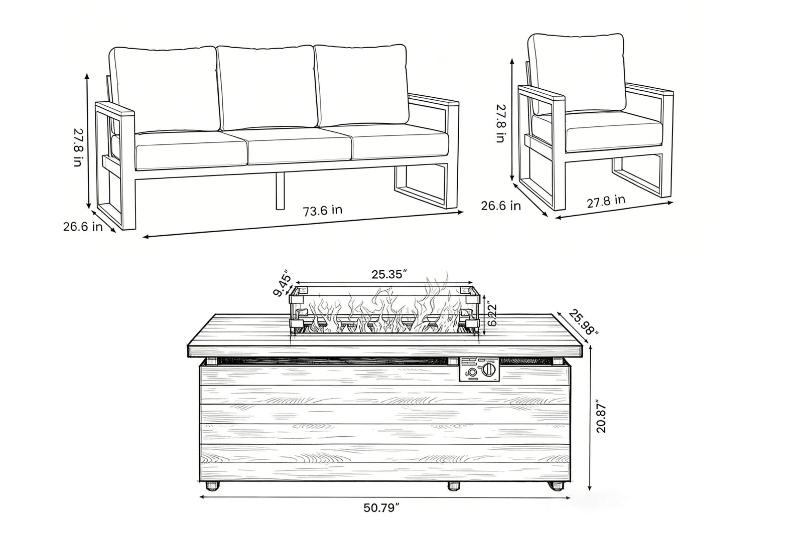 Dimensions of outdoor furniture set including a sofa, chair, and fire pit table.