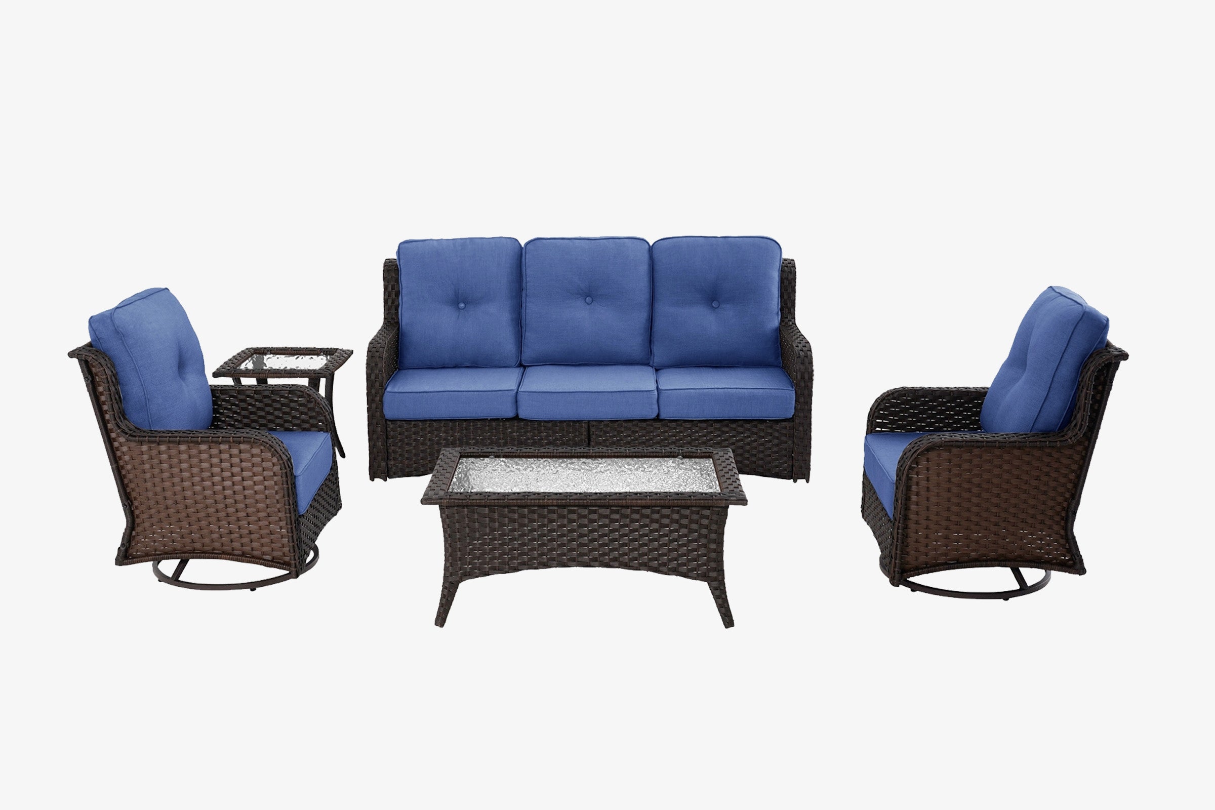 Outdoor furniture set with blue cushions on a white background.#color_navy