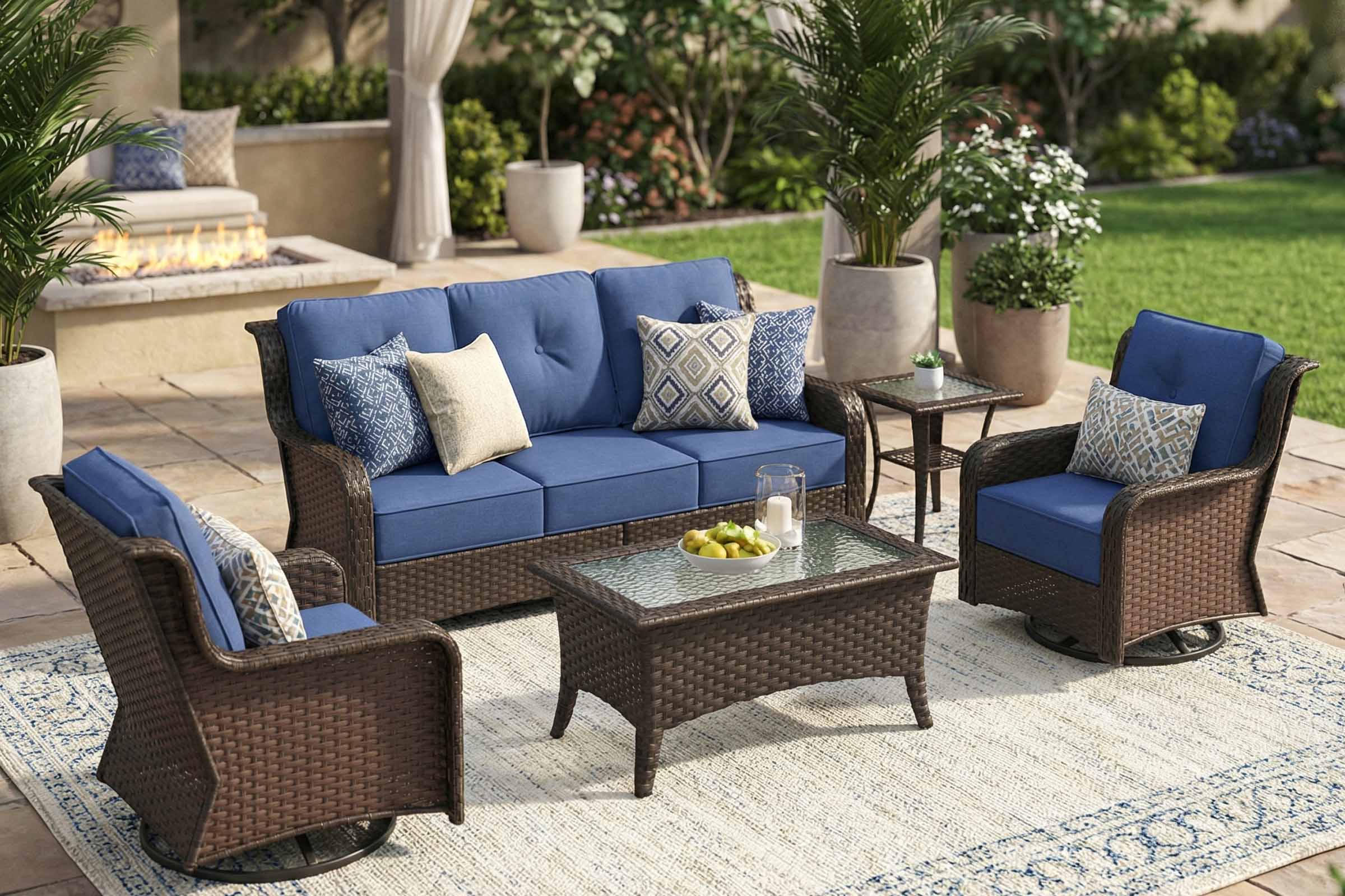 Outdoor patio set with blue cushions and a glass coffee table.#color_navy