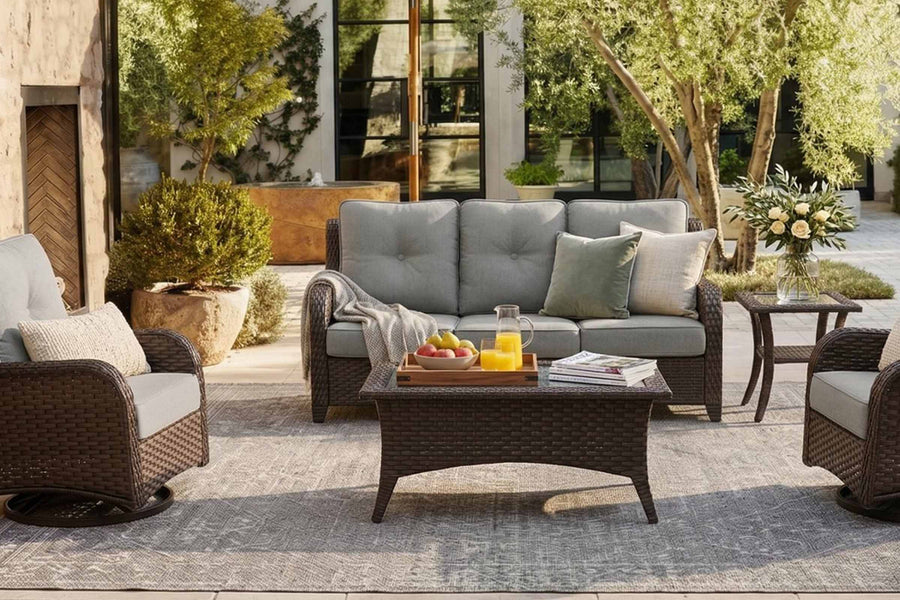 Outdoor patio set with furniture and decor in a garden setting