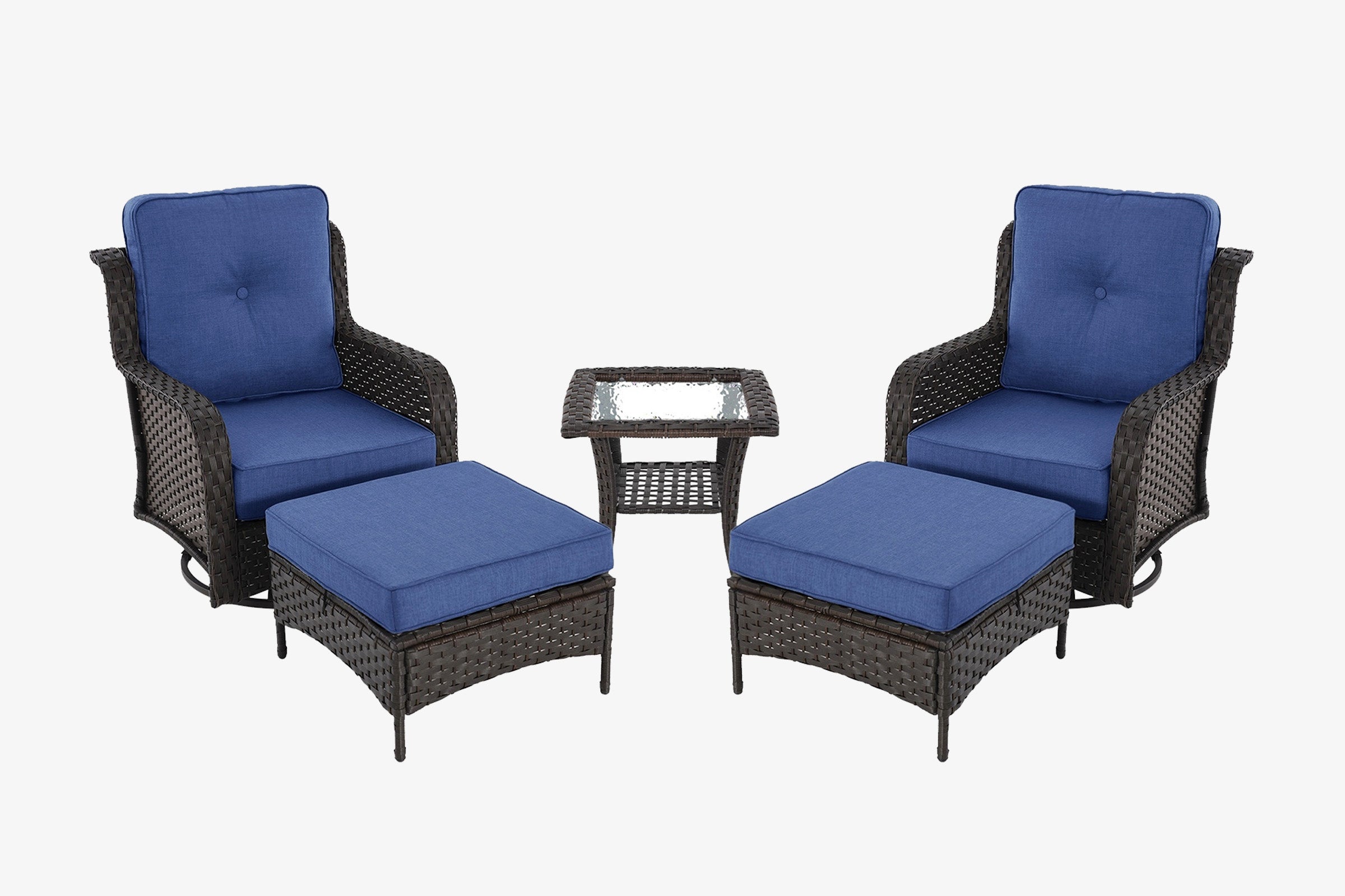 Outdoor furniture set with two chairs, two ottomans, and a small table on a white background.#color_navy