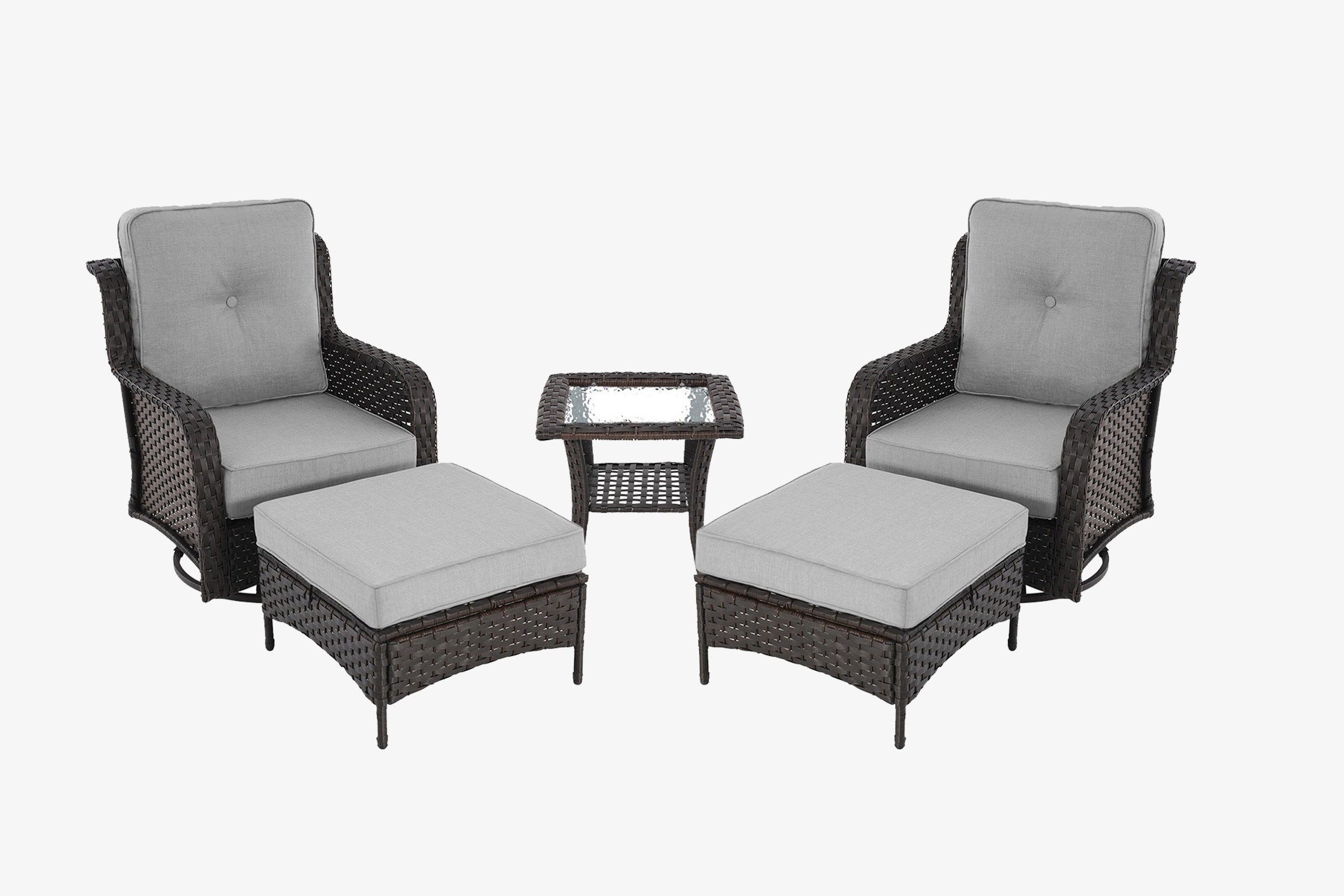 Outdoor furniture set with two chairs, a table, and ottomans on a white background.#color_gray