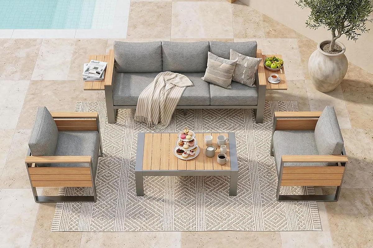 5-Seats_Aluminum_Outdoor_Gray Conversation_Set_with_Coffee_Table on the backyard.#color_gray