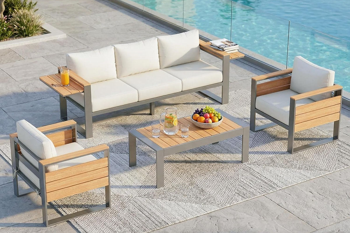 5-Seats_Aluminum_Outdoor_Conversation_Set_with_Side_Table by the poolside.#color_beige