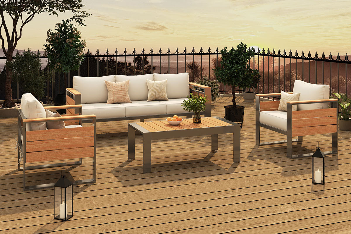 5-Seats_Aluminum_Outdoor_Conversation_Set_with_Coffee_Table under the sunset.#color_beige