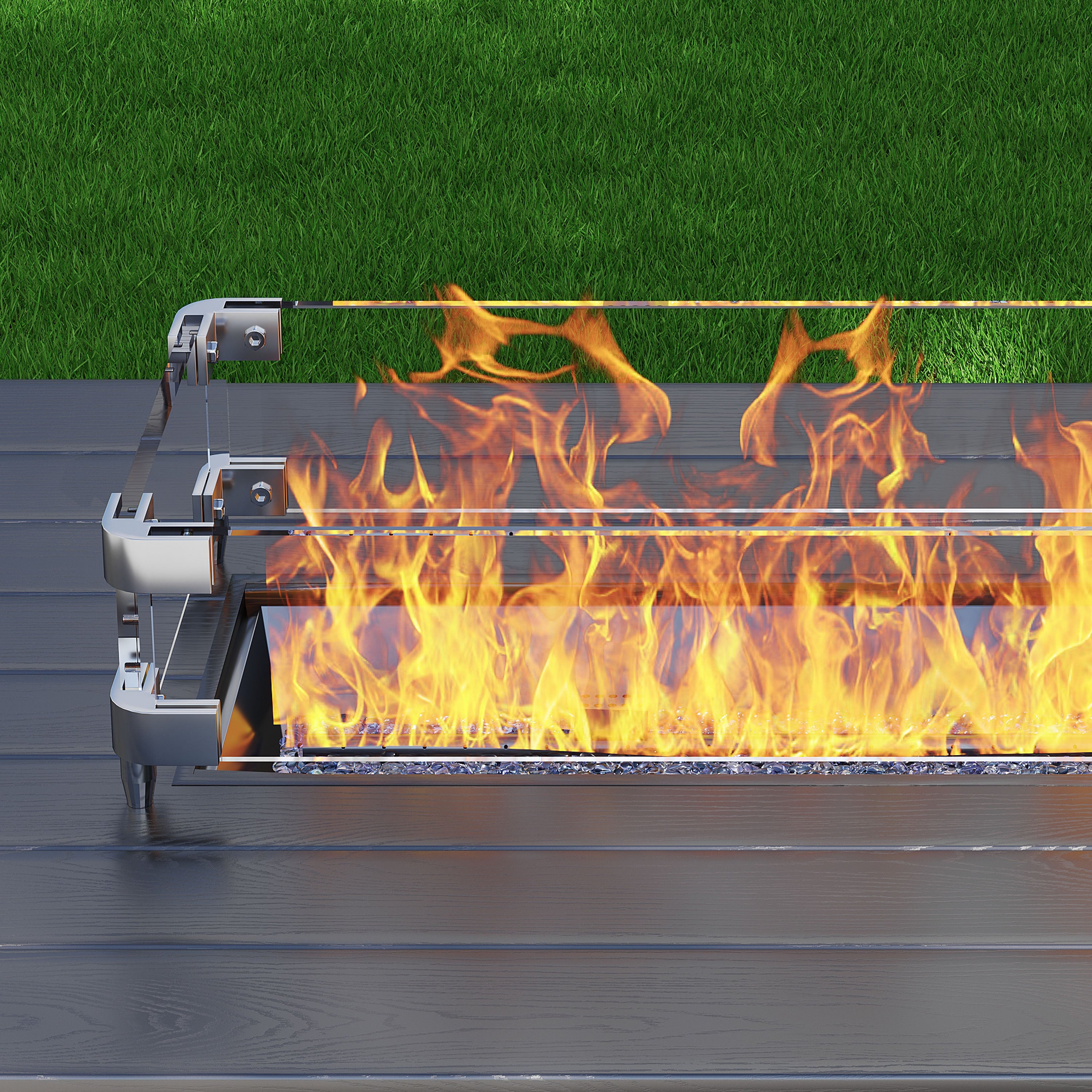 Outdoor fire pit with flames on a grassy background