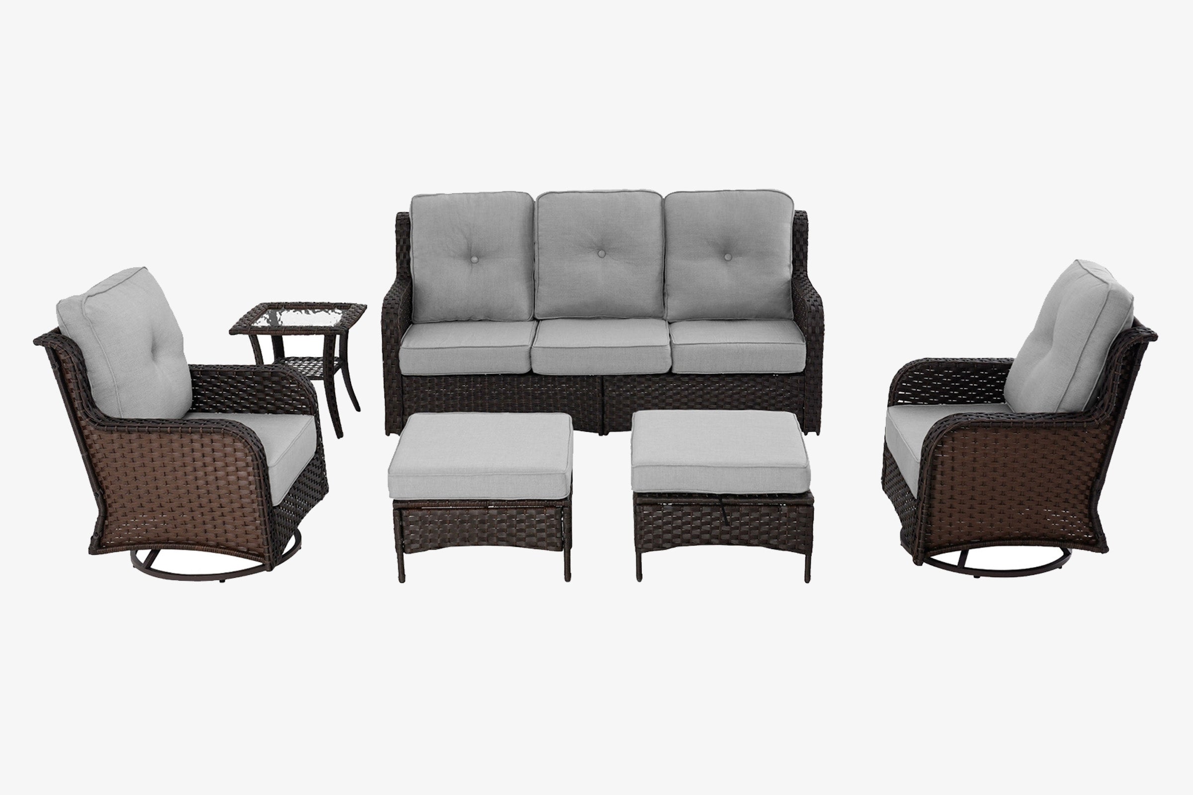 6-Piece Outdoor Wicker Swivel Gray Chairs Conversation Set on the white background.#color_gray