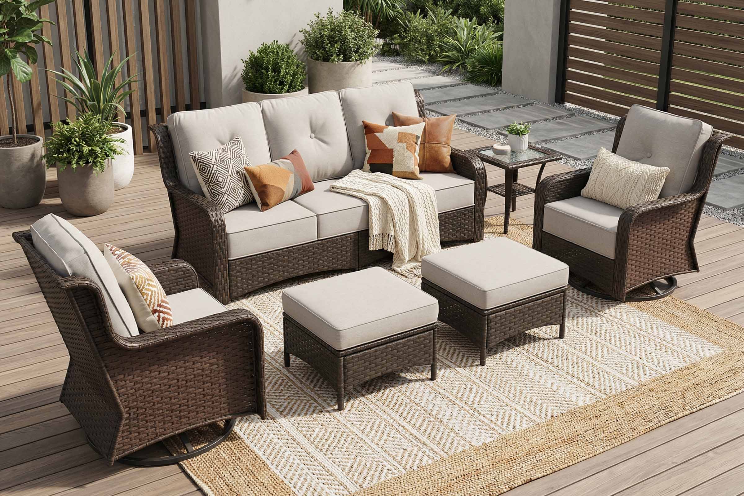 6-Piece_Outdoor_Wicker_Swivel_ Gray Chairs_Conversation_Set on the patio.#color_gray