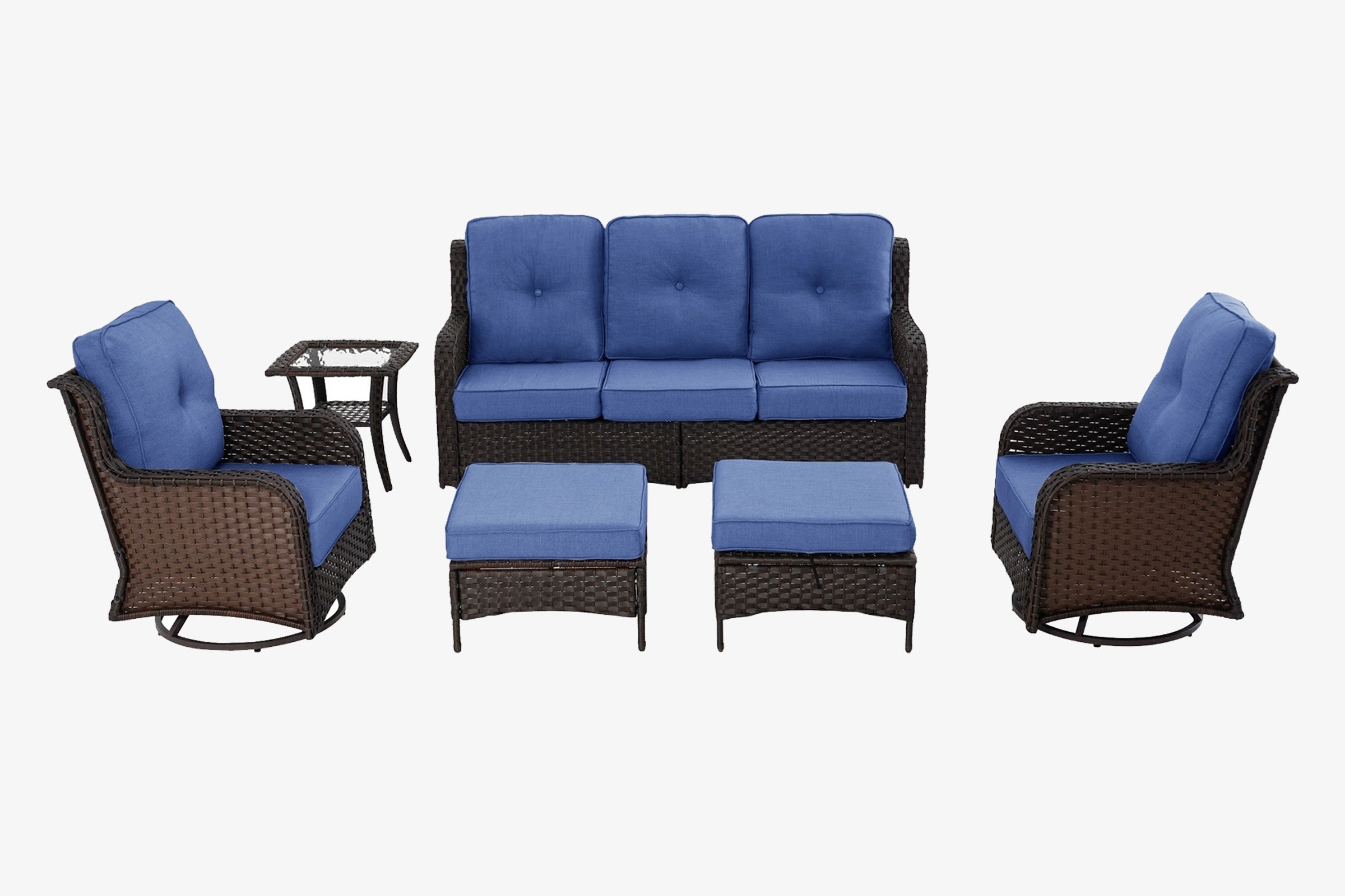 6-Piece Outdoor Wicker Swivel Navy Chairs Conversation Set on the white background.#color_navy