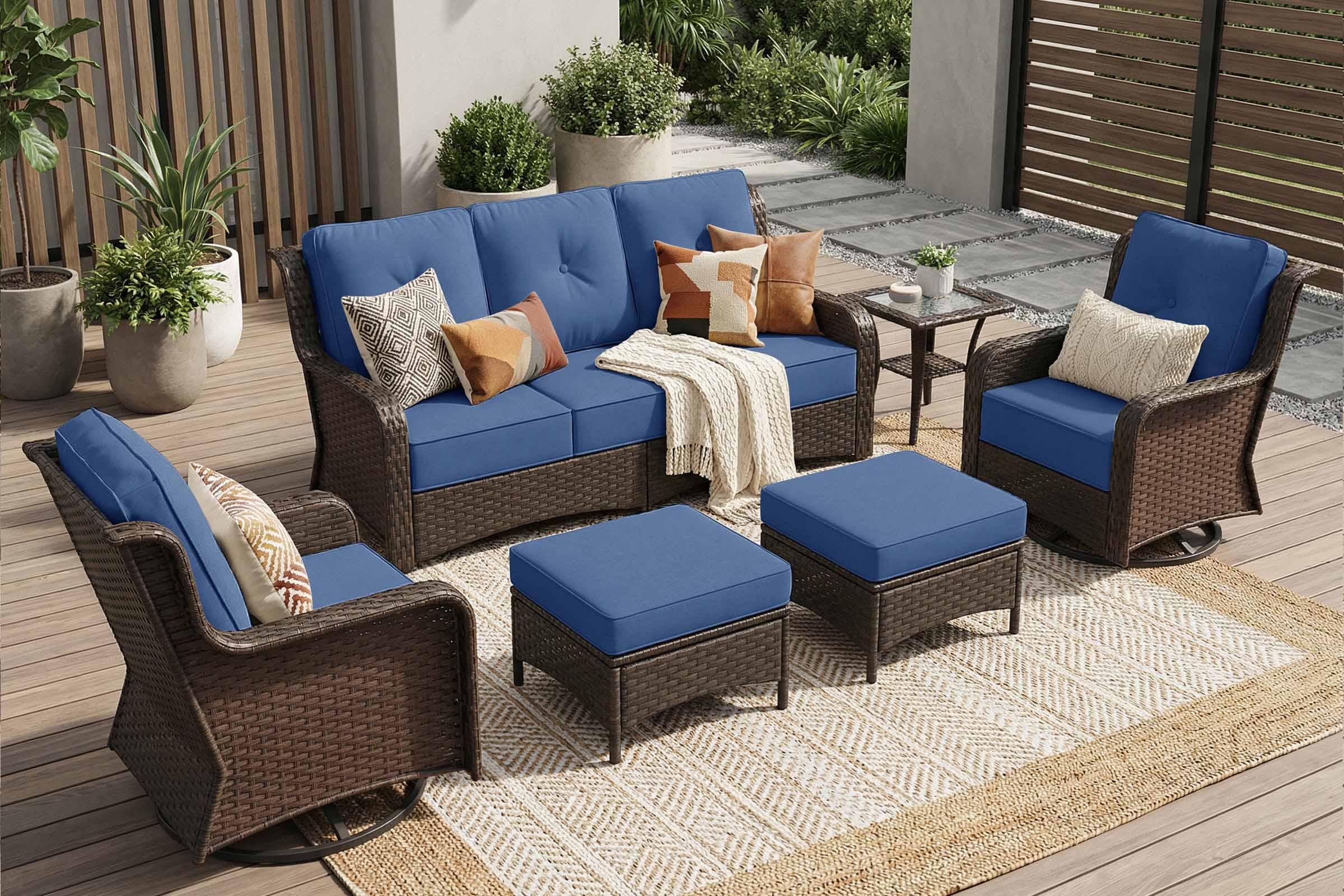 6-Piece Outdoor Wicker Swivel Chairs Conversation Navy Set on the backyard.#color_navy