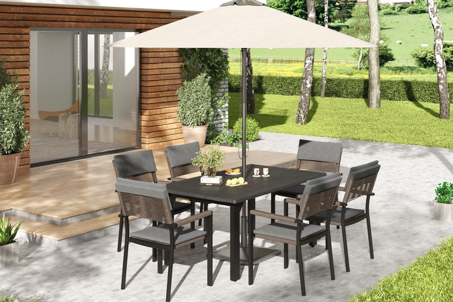 Sundale Outdoor 7 Piece Patio Dining Set, Metal Table with Umbrella Hole & Stackable Rattan Chairs