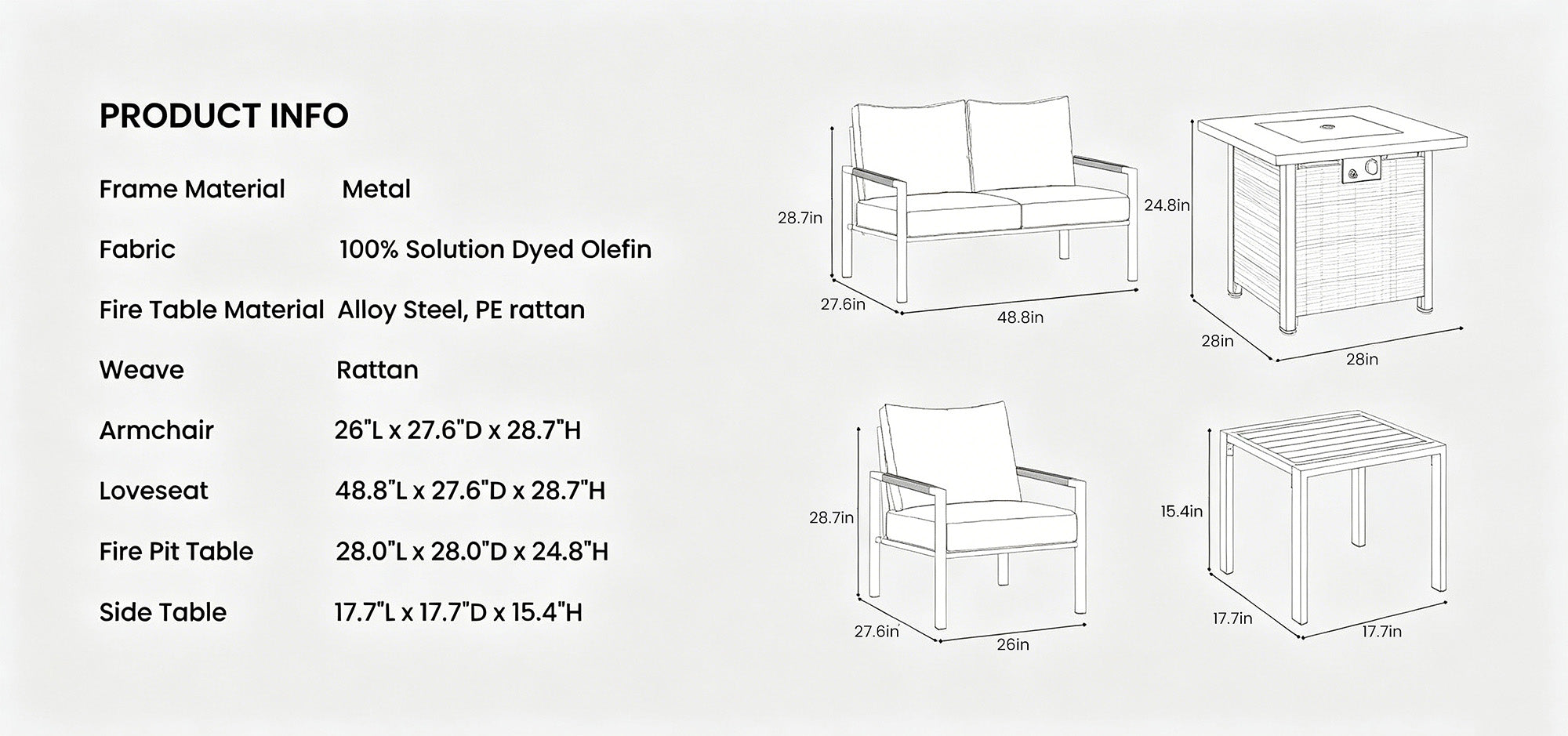 Product information and dimensions of outdoor furniture set on a white background