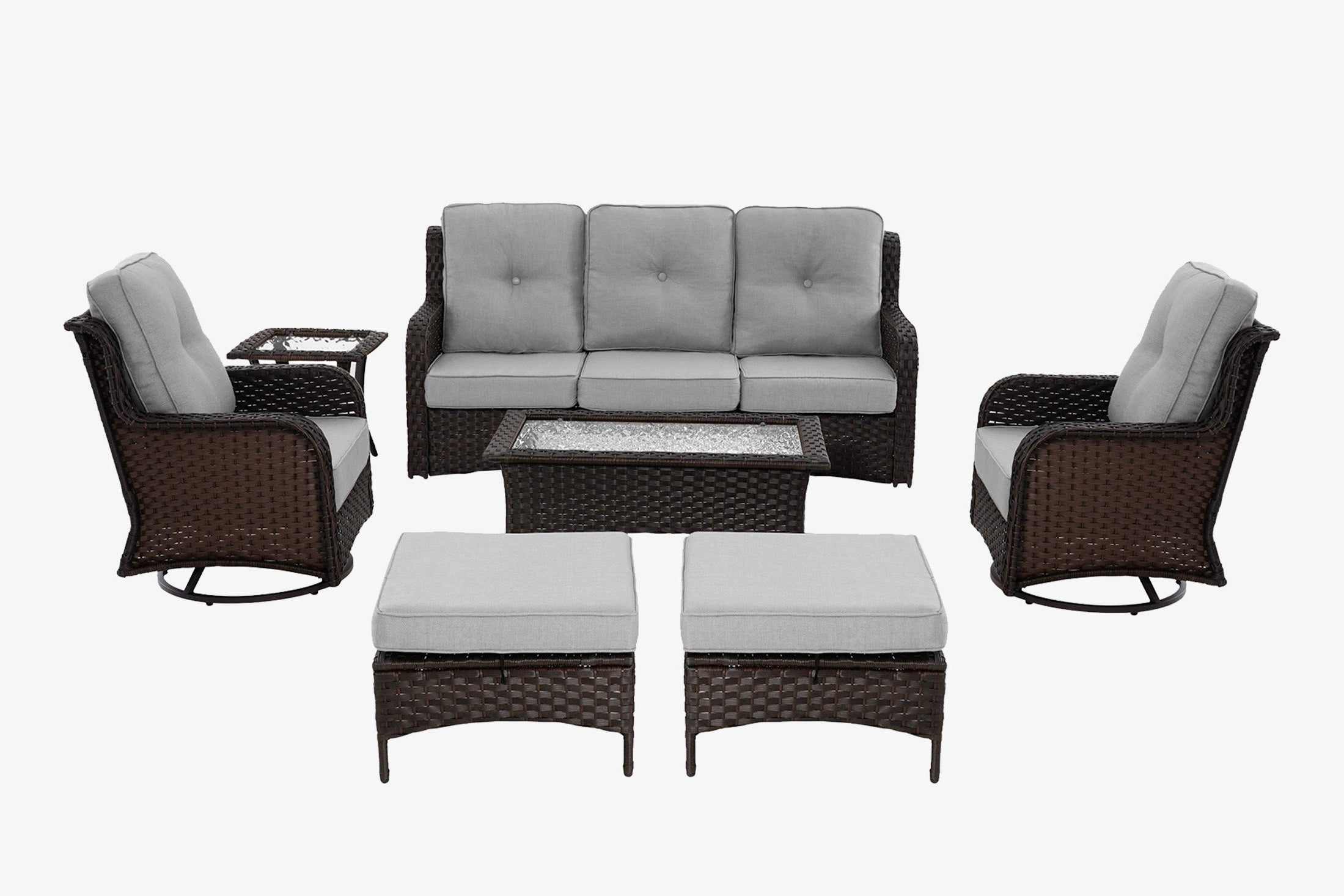 Outdoor furniture set with wicker chairs, sofa, and ottomans on a white background.#color_gray