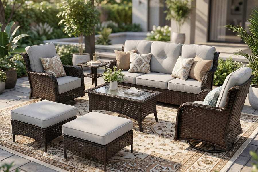 Outdoor patio set with wicker furniture and cushions on a patio.
