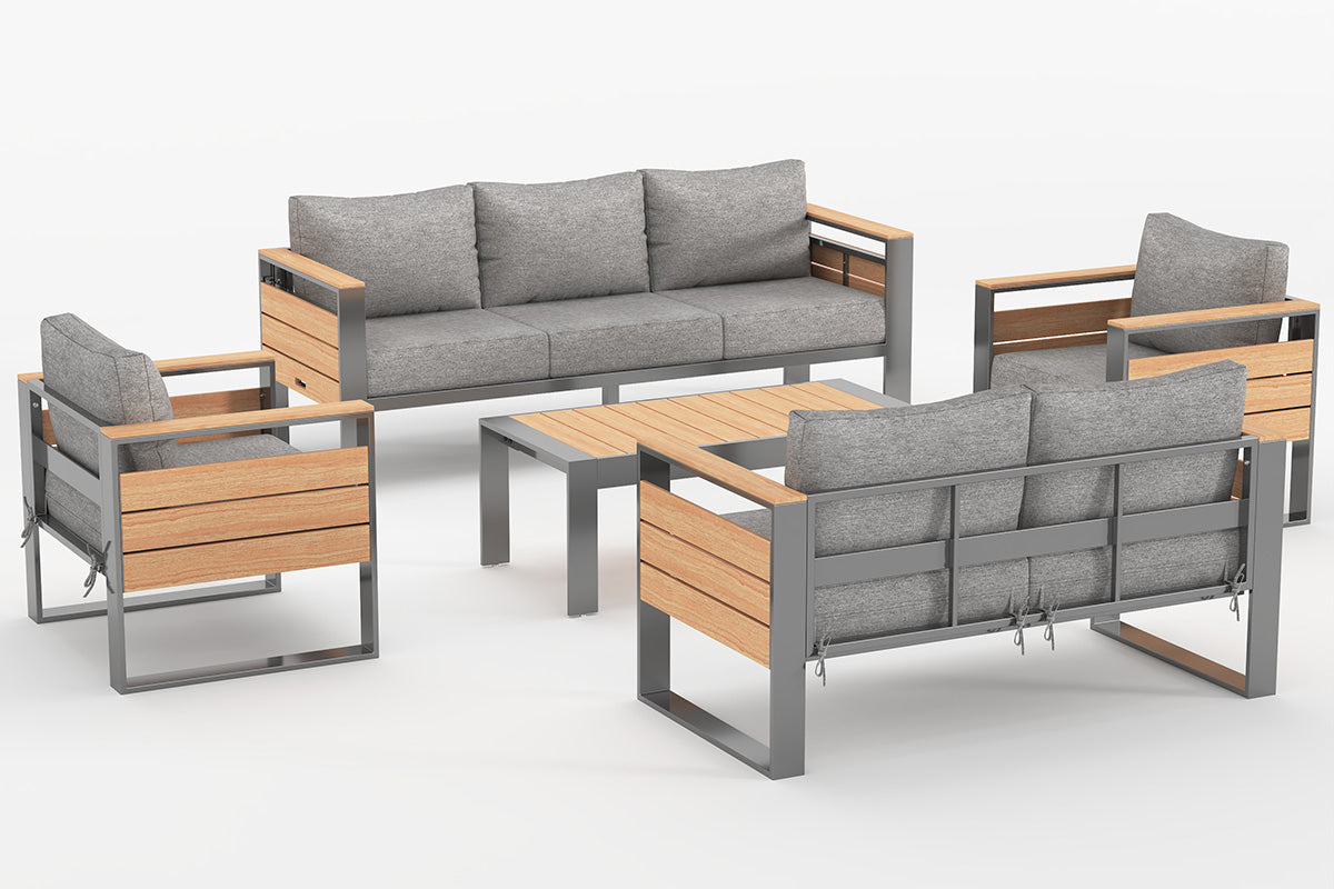 7-Seats Aluminum Outdoor Gray Conversation Set with Coffee Table on the white background.#color_gray