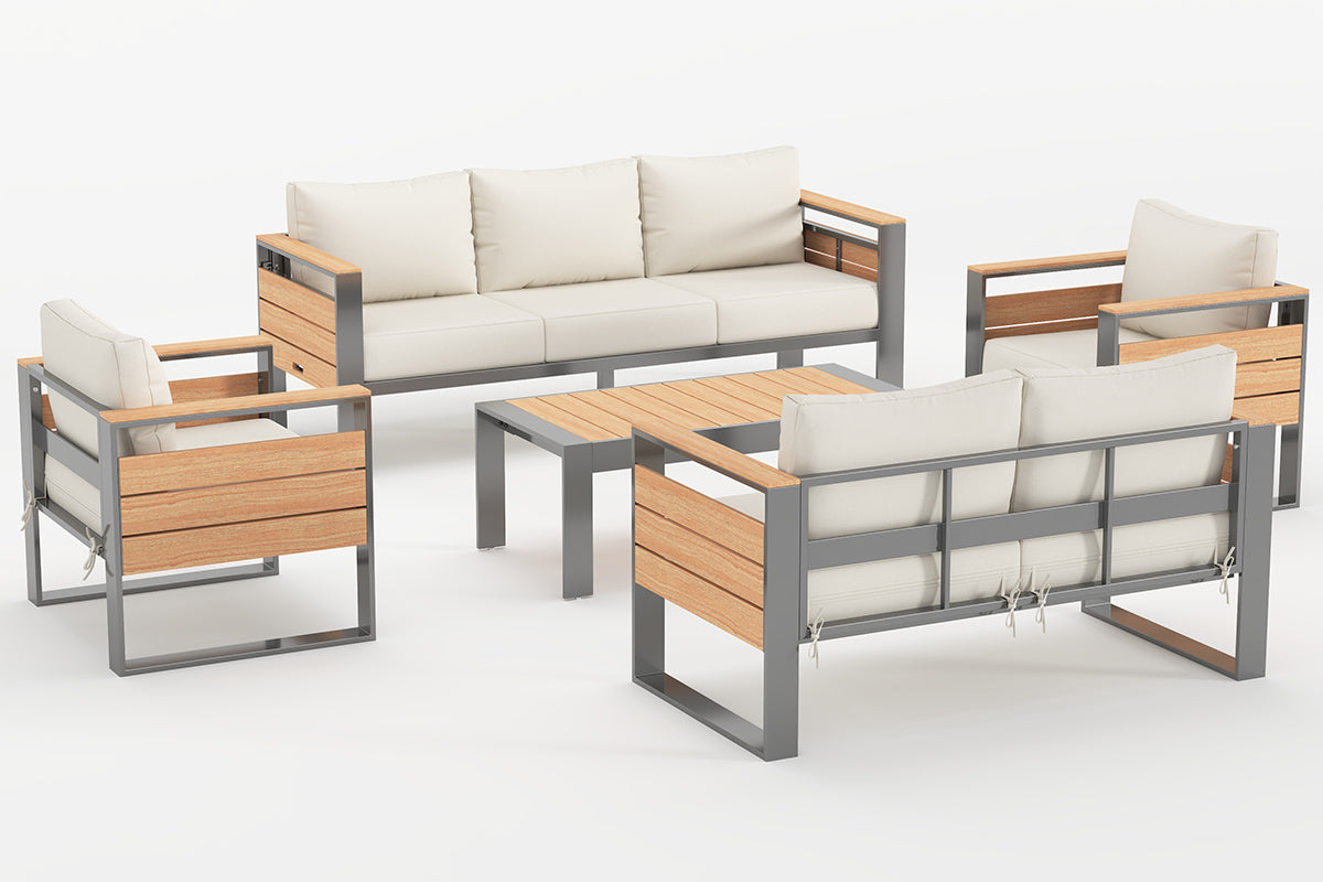 7-Seats Aluminum Outdoor Conversation Set with Coffee Table on the white background.#color_beige