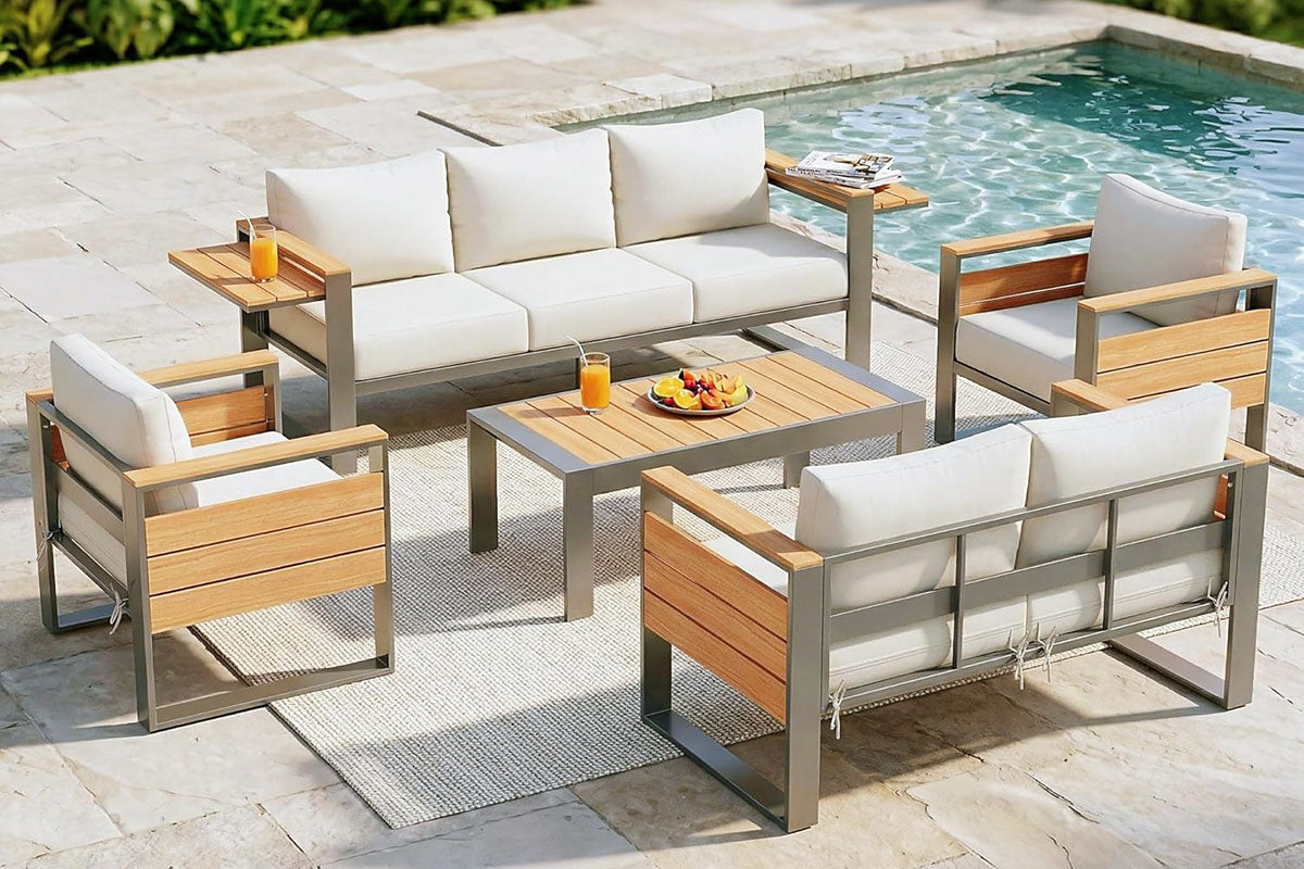 7-Seats Aluminum Outdoor Conversation Set with Coffee Table by the poolside.#color_beige