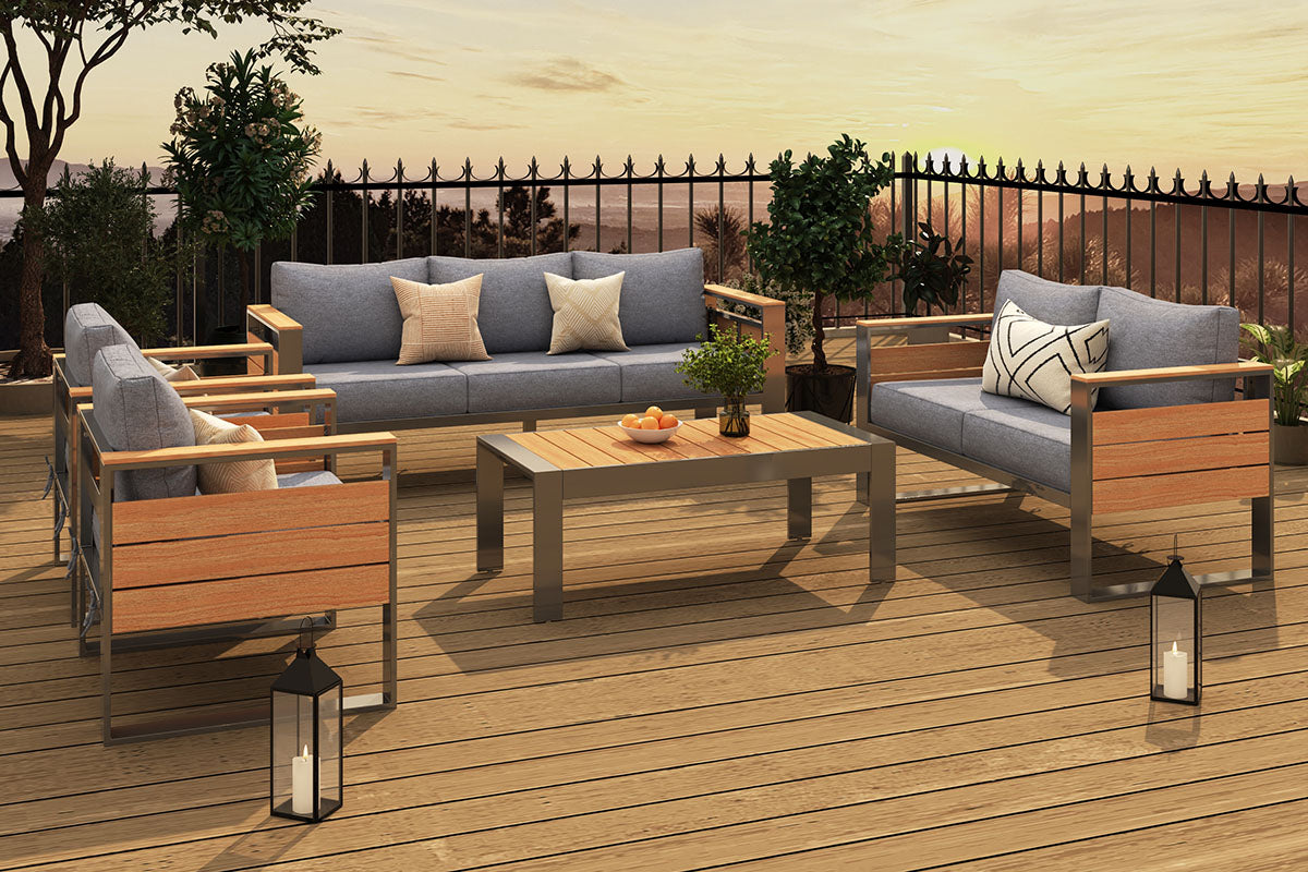 7-Seats Aluminum Outdoor Gray Conversation Set with Coffee Table on the patio under sunset.#color_gray