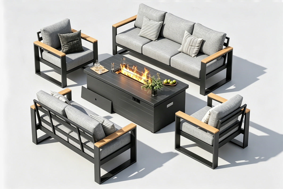 Outdoor furniture set with fire pit table on a white background.#color_light gray