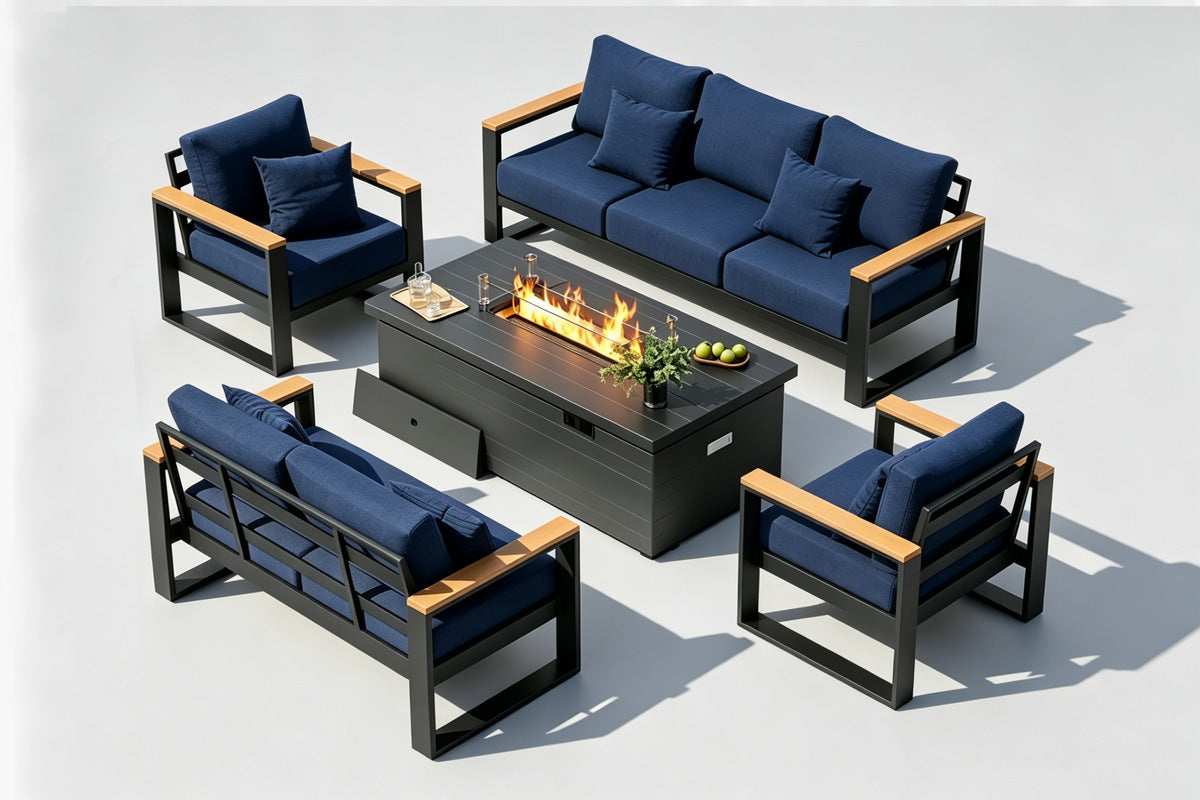Outdoor furniture set with blue cushions and a fire pit table on a white background.#color_deep navy