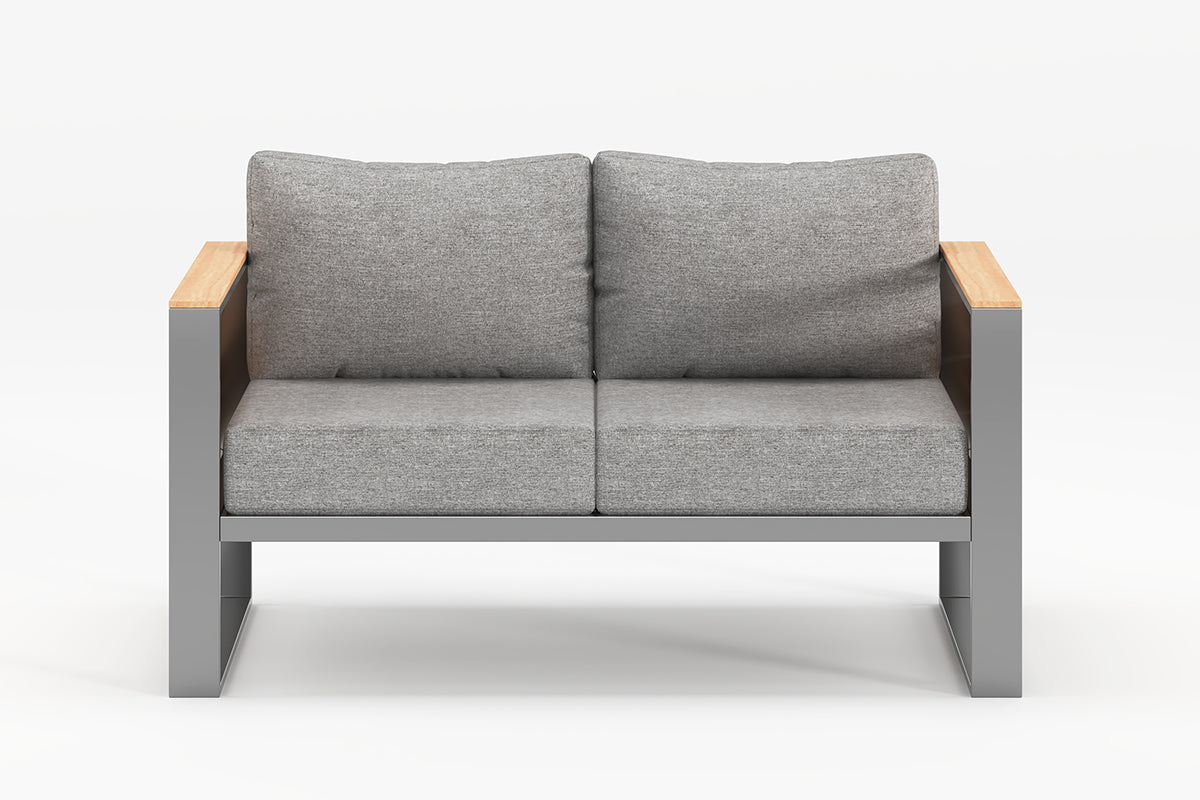 Gray loveseat sofa with wooden grain armrests on a white background.#color_gray
