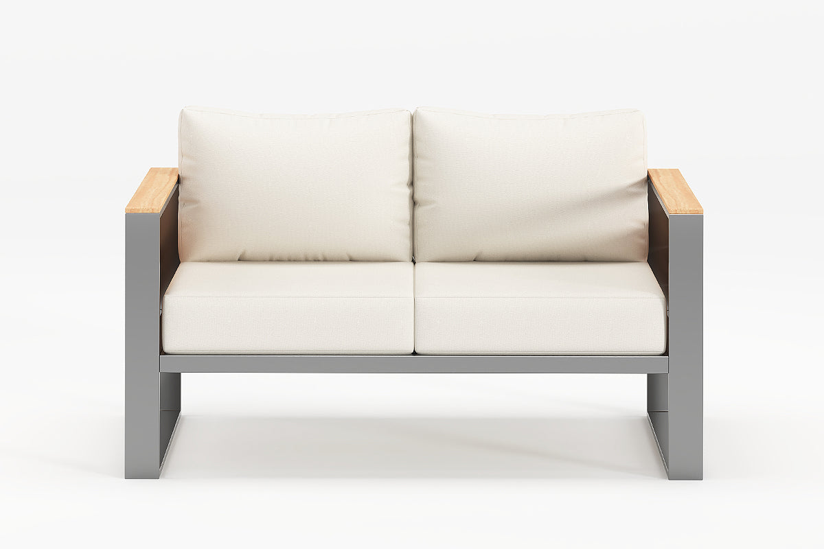 Modern outdoor sofa with beige cushions on a white background.#color_beige