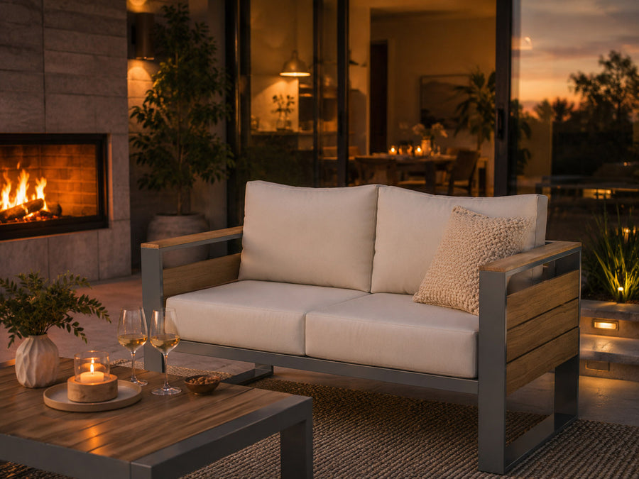 An aluminum Patio Loveseat with Beige Cushion is in the patio