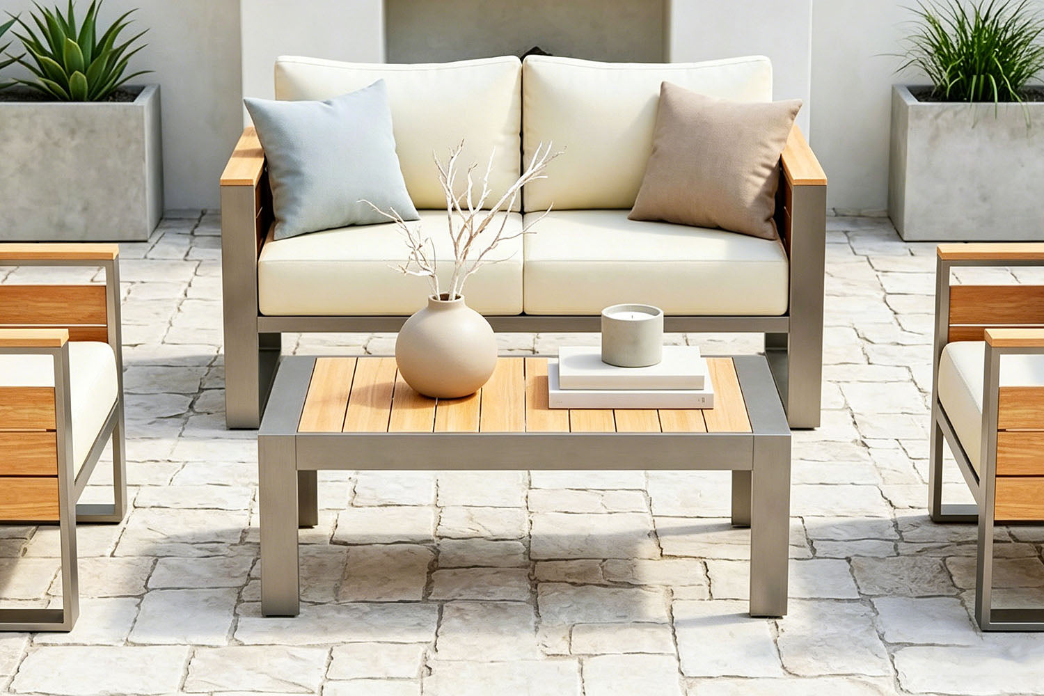 Outdoor patio furniture set with a sofa, coffee table, and chairs on a stone patio.