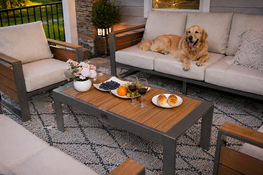 Outdoor patio setting with a dog on a sofa, table with food and drinks, and decorative elements.