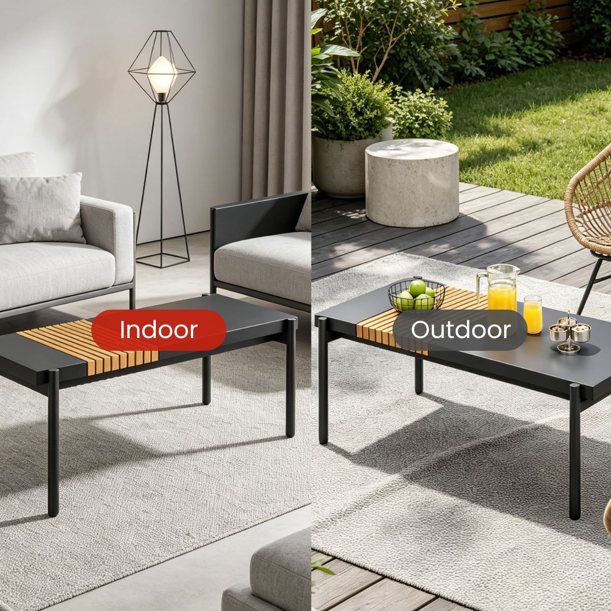 Two separate images of a coffee table, one labeled 'Indoor' and the other 'Outdoor'.