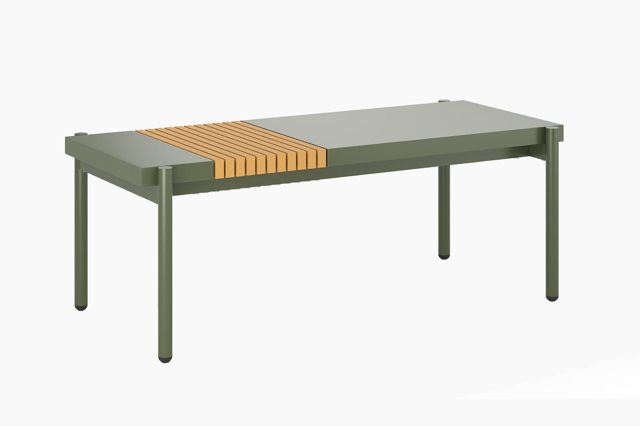 Outdoor table with a green frame and wooden top on a white background.#color_green