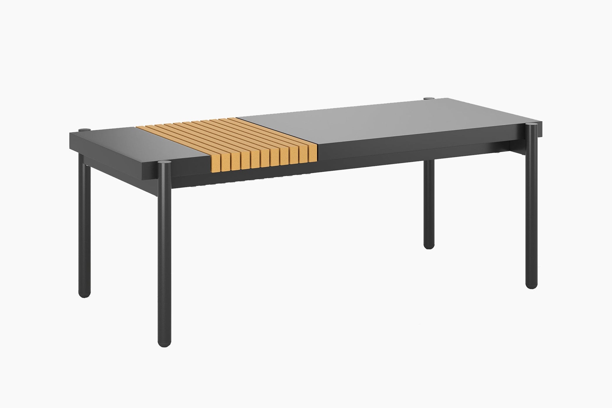 Coffee table with a gray top and wooden slats on a white background.#color_gray