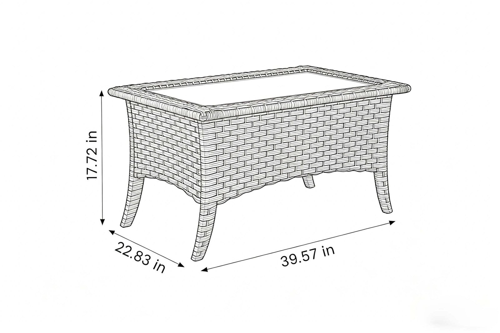 Wicker coffee table with dimensions labeled on a white background