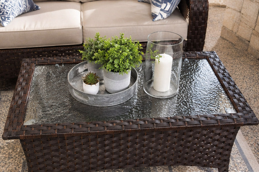 Sundale Outdoor Patio Wicker Coffee Table with Glass Tabletop