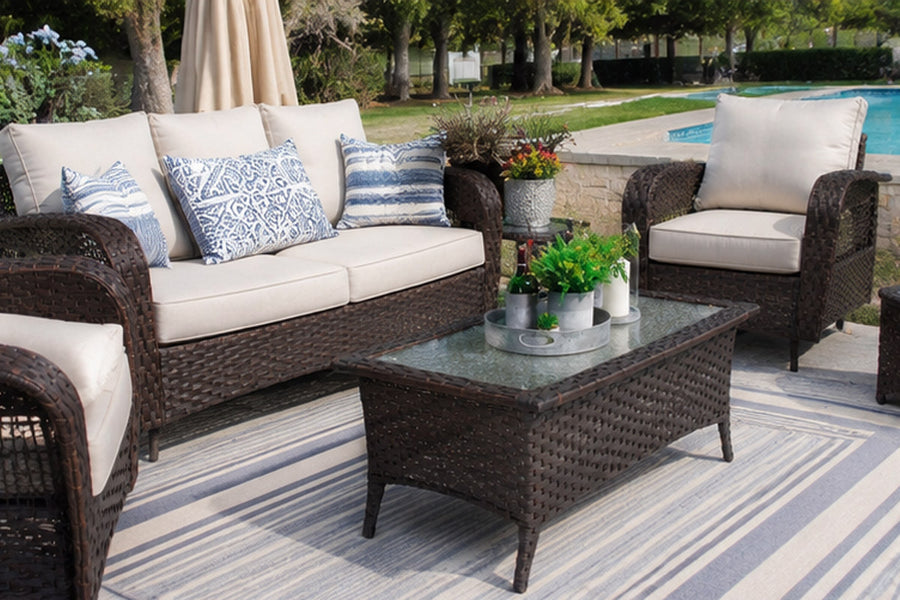 Sundale Outdoor Patio Wicker Coffee Table with Glass Tabletop