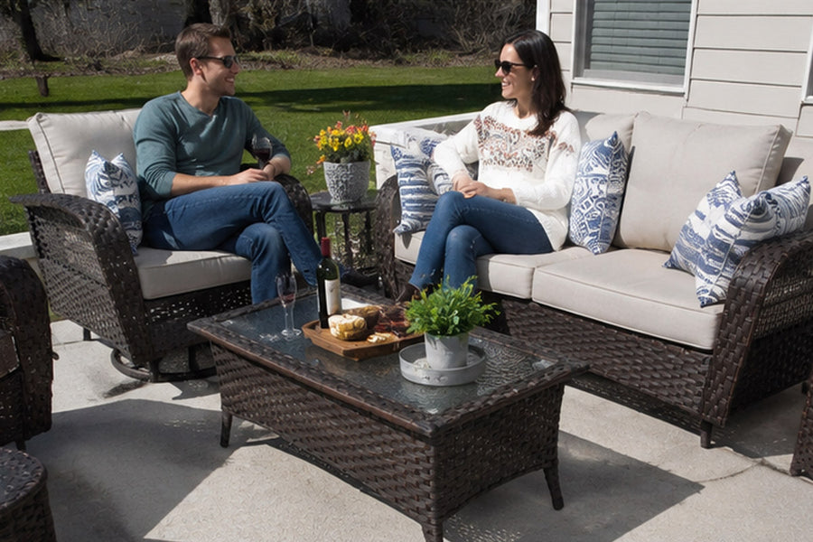 Sundale Outdoor Patio Wicker Coffee Table with Glass Tabletop