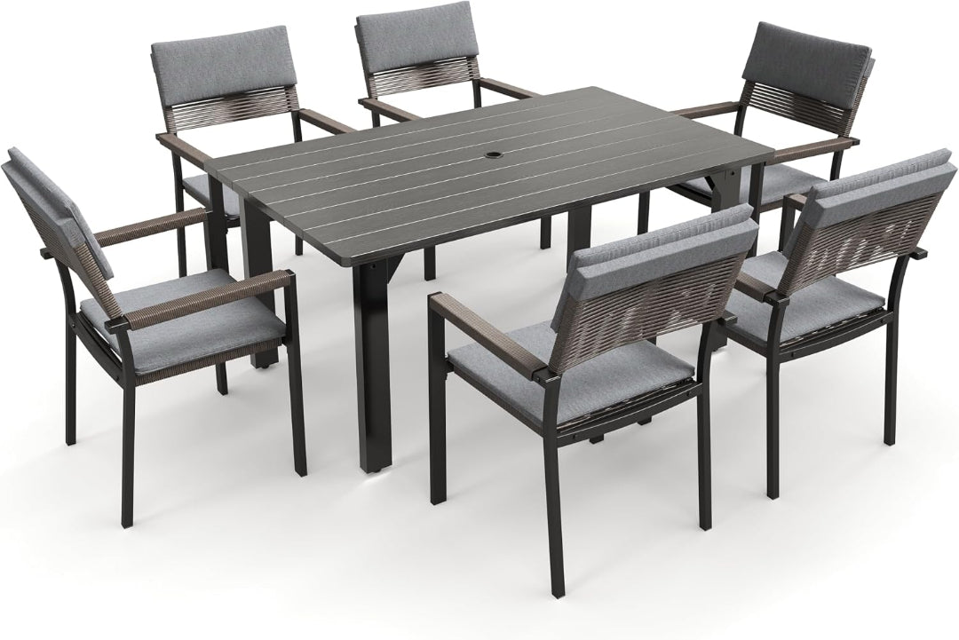 Sundale Outdoor 7 Piece Patio Dining Set, Metal Table with Umbrella Hole & Stackable Rattan Chairs