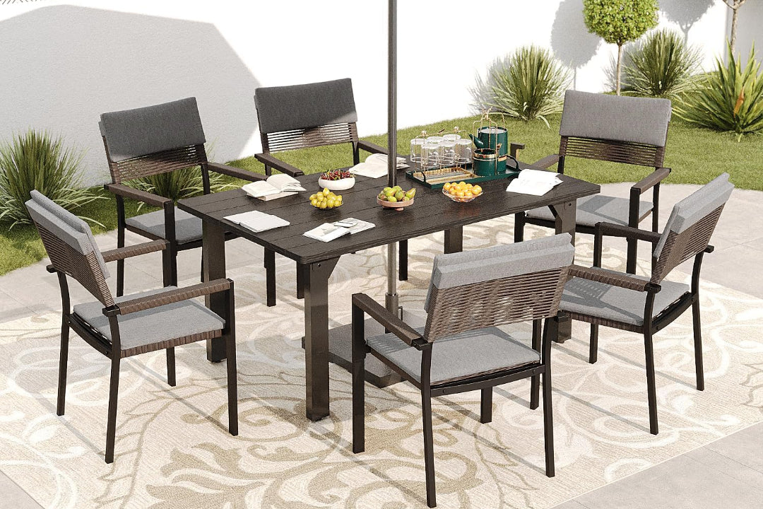 Sundale Outdoor 7 Piece Patio Dining Set, Metal Table with Umbrella Hole & Stackable Rattan Chairs