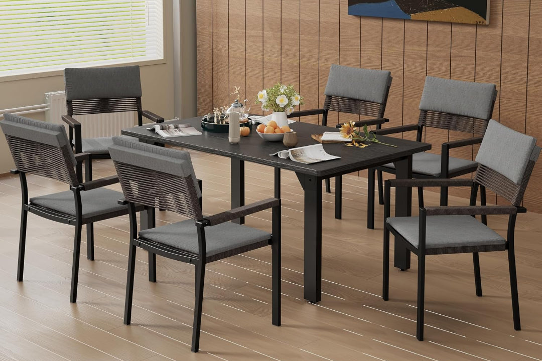 Sundale Outdoor 7 Piece Patio Dining Set, Metal Table with Umbrella Hole & Stackable Rattan Chairs