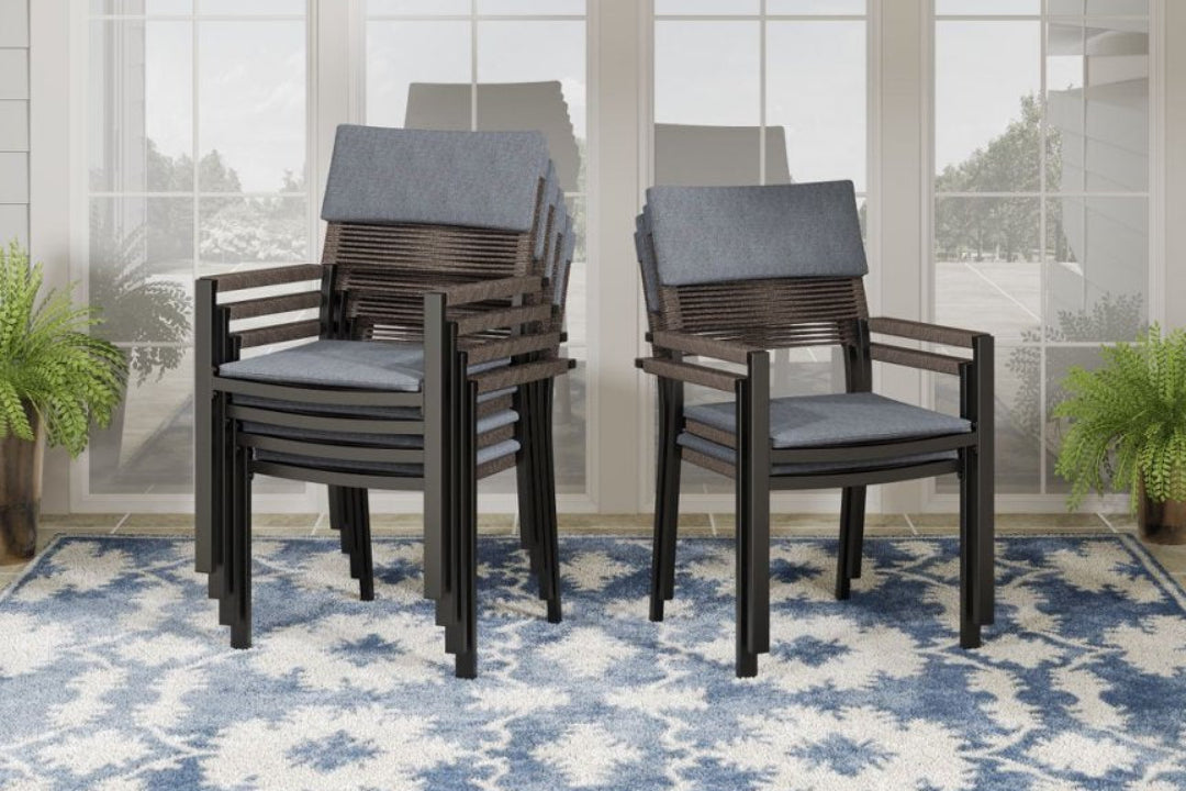 Sundale Outdoor 7 Piece Patio Dining Set, Metal Table with Umbrella Hole & Stackable Rattan Chairs