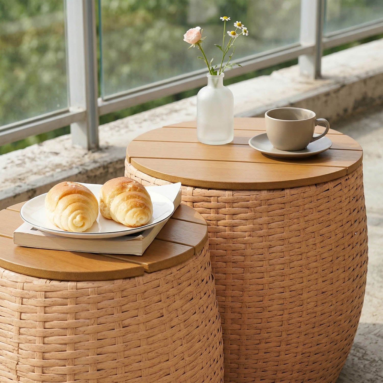 Wicker Round Patio Barrel Side Table Set of 2 as coffee tables