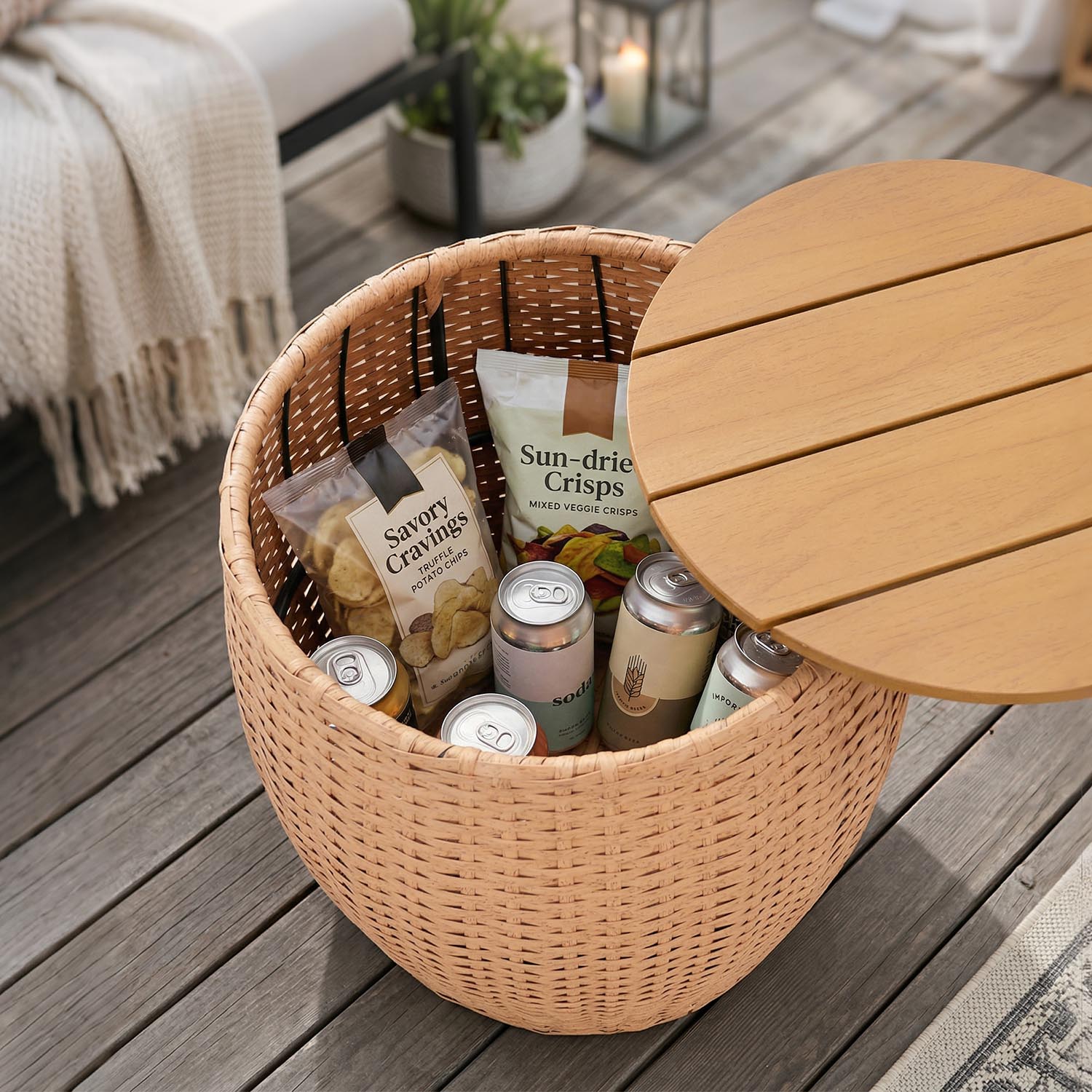 Wicker Round Patio Barrel Side Table Set of 2 with Storage Basket