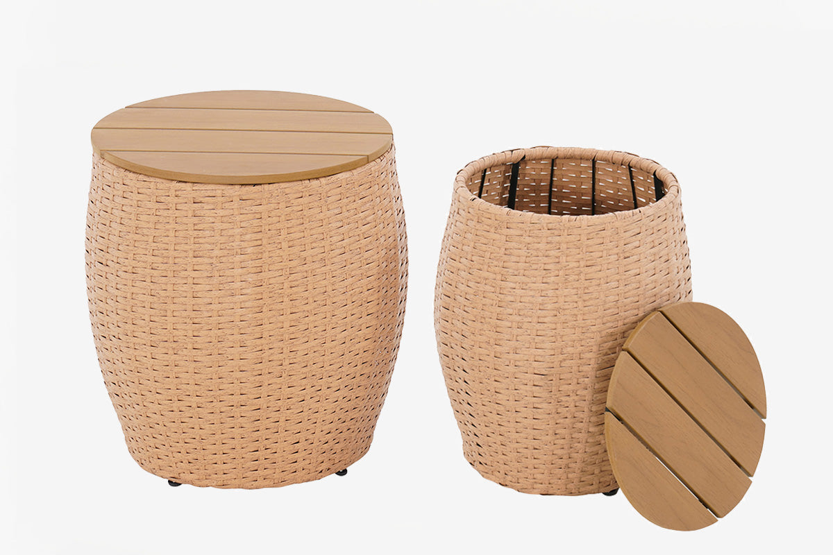 Wicker Round Patio Barrel Side Table Set of 2 on the white background