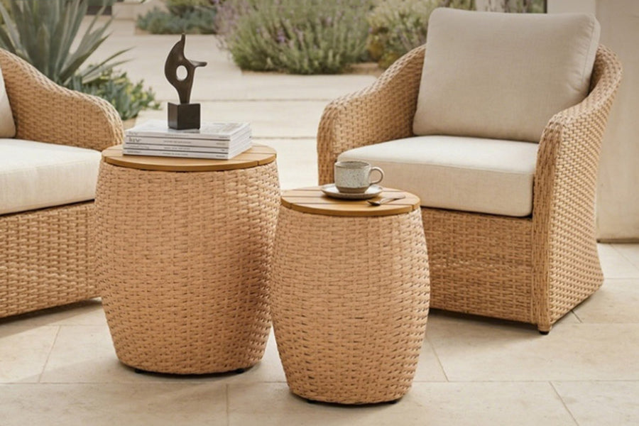 Sundale Outdoor Wicker Round Patio Barrel Side Table Set