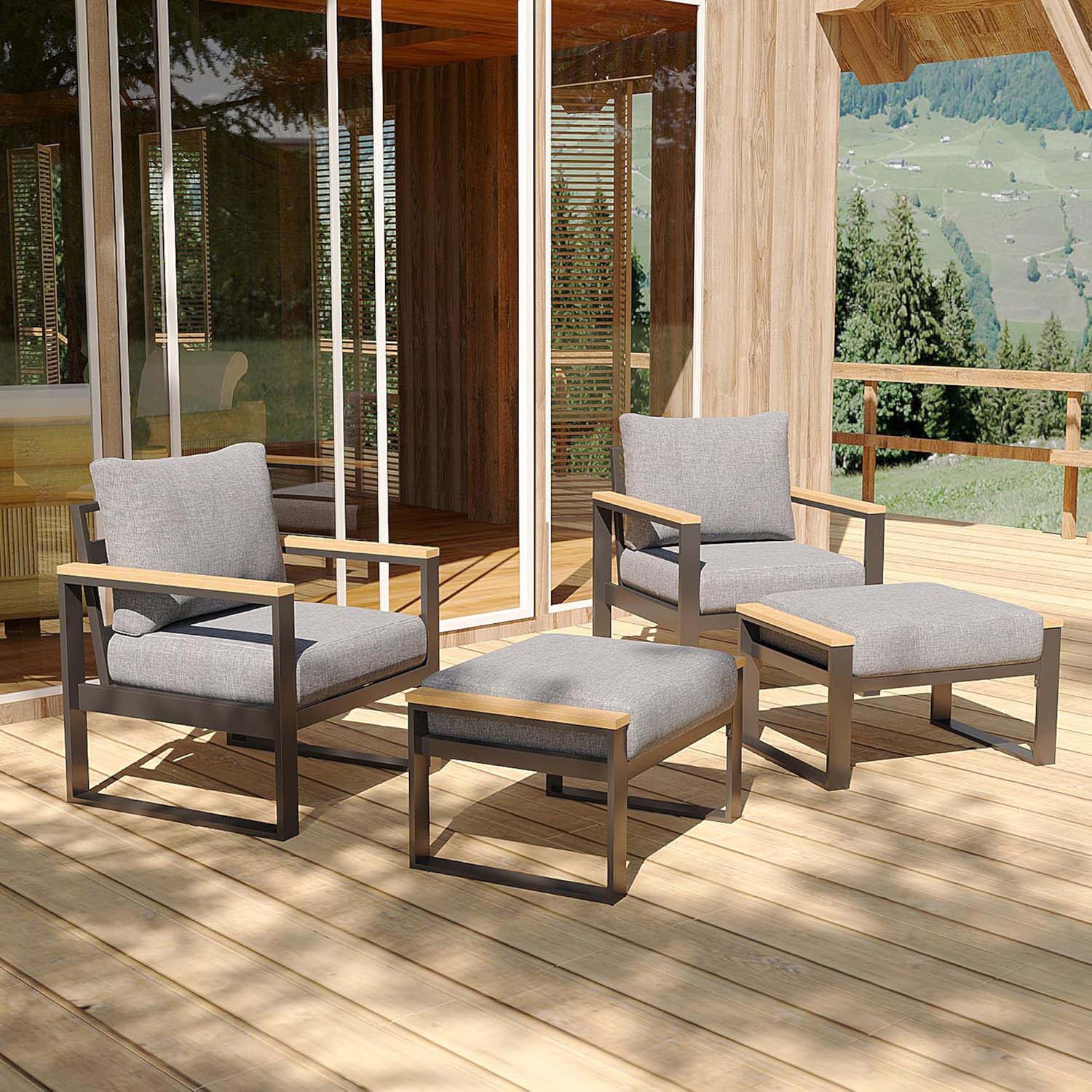 Outdoor furniture set with gray cushions on a wooden deck.