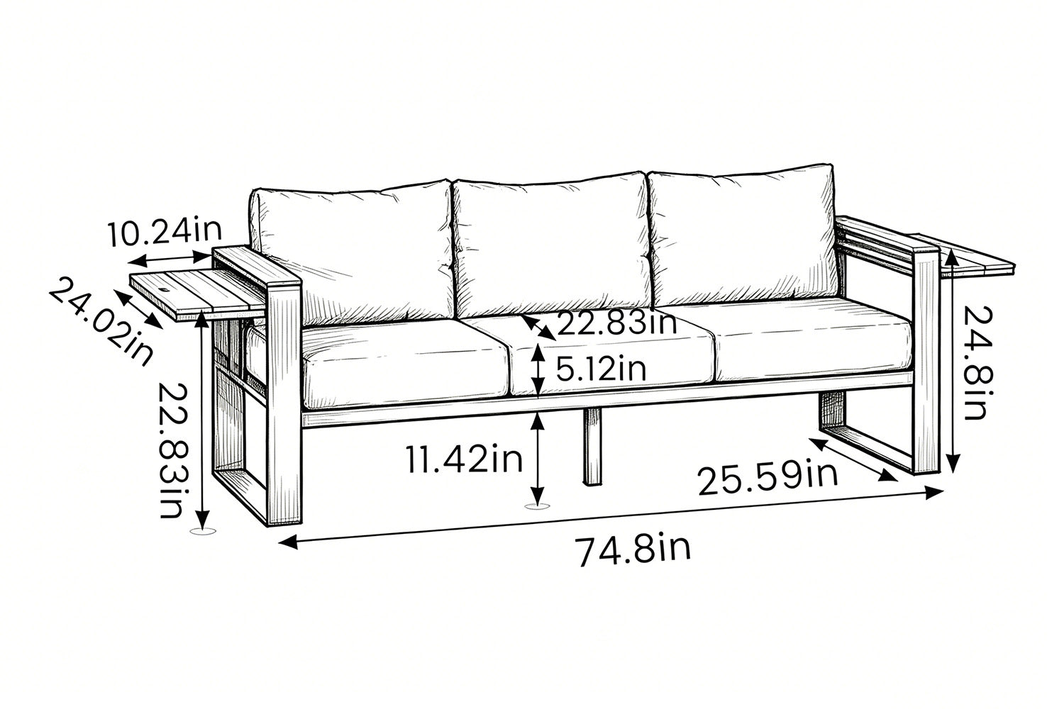 size for 3-Seat Aluminum Patio Sofa with 2 Extendable Side Tables